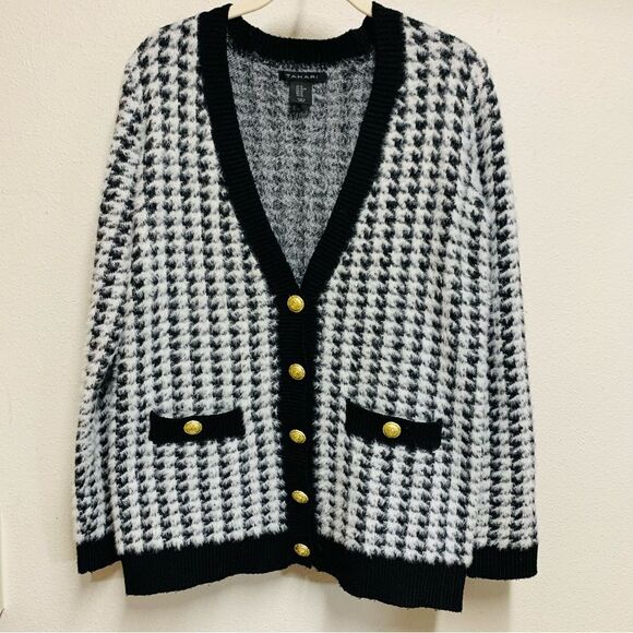 Tahari Black and White Houndstooth Cardigan with Gold Buttons XS to Medium - Picture 8 of 16